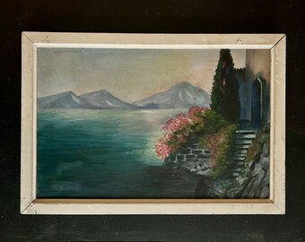 1940s French oil painting on canvas. Terrace overlooking the Riviera with geraniums and cypress. Postimpressionism. Seashore home seascape.