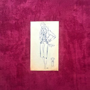 Schizzo di moda francese degli anni '40, disegno a inchiostro su carta, donna parigina, abito vintage, illustrazione originale, stile parigino