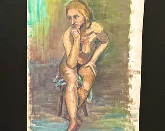 1950s French Vintage Oil painting on thick paper. Nude of Southern French woman with blond hair 50s fashion Listed Artist Jean Perret
