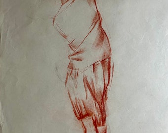 1930s French Red charcoal drawing on paper. Model posing in the Artist’s studio. Woman figure.