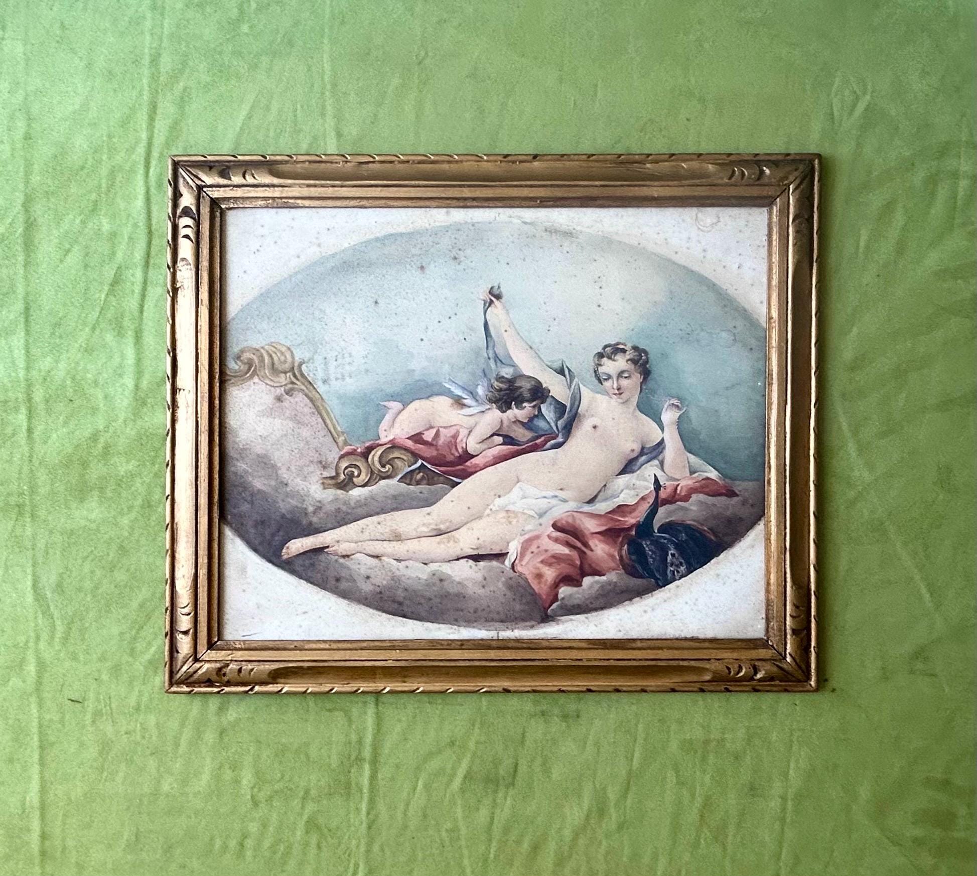 1910s French nude gouache painting with cherub in gilt frame - Art Nouveau watercolor on panel - Antique female figure wall art