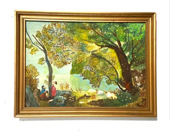 1950s French Naive Art oil painting on canvas. Bucolic scene in the woods