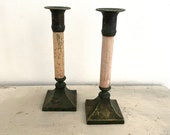 1940s French original Antique pair of bronze wood candlesticks.
