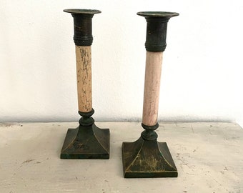 1940s French original Antique pair of bronze / wood  candlesticks.