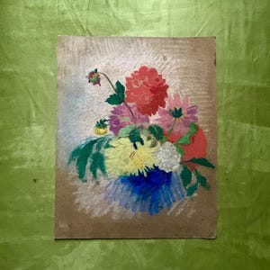 Pintura francesa al pastel sobre cartón, década de 1920. Arte floral. Decoración de estilo rústico. Bodegón rústico. Estilo shabby chic.