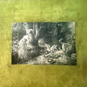 Cromolitografía alemana de la década de 1910 Lohengrin y el cisne Impresión en blanco y negro Ópera antigua Mitología Wagner Cartón Litografía