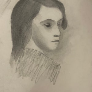 Disegno a carboncino su carta, Francia, anni '30. Ritratto di ragazza.