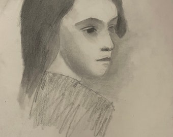 1930s French Graphite charcoal drawing on paper. Portrait of Young girl.