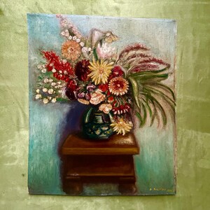 1940s French Modernist oil painting on wood. Still life Flowers floral art. Cottage decor Shabby chic Farmhouse style Country living