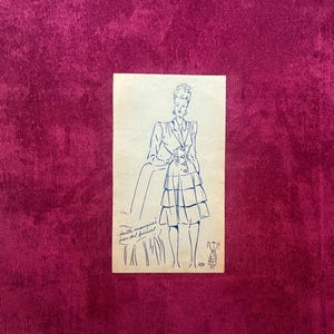 Schizzo di moda francese degli anni '40, disegno a inchiostro su carta, donna parigina, abito vintage, illustrazione originale, stile parigino