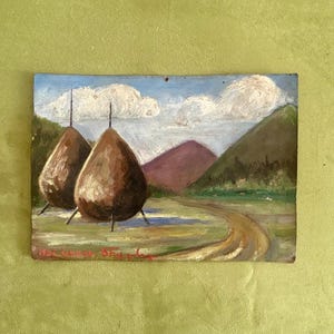 1930s Antikes französisches Bauernhaus Ölgemälde Heuhaufen in den Alpen Alpine Landschaft Verschneite Bergwand Kunst Rustikales Dekor Post Impressionist
