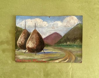 Peinture à l'huile d'une ferme française ancienne des années 1930, représentant des meules de foin dans les Alpes, un paysage alpin enneigé, une décoration murale rustique de style post-impressionniste.