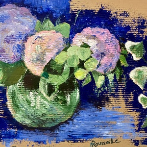 Pintura al óleo vintage francesa de gran tamaño sobre cartón de los años 50. Hortensias azules y rosas. Flores de hortensia
