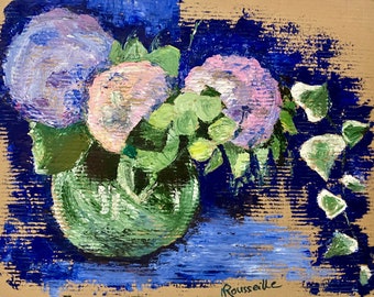 1950s French Vintage Large Oil  painting on cardboard. Blue and Pink Hydrangeas. Hortensia flowers