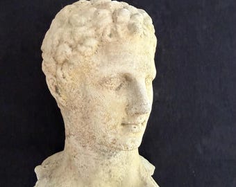 1700s French Stoneware head sculpture - Antique bust of young man - Heavy Garden Statue - Classic Romanticism art outdoor & indoor decor.