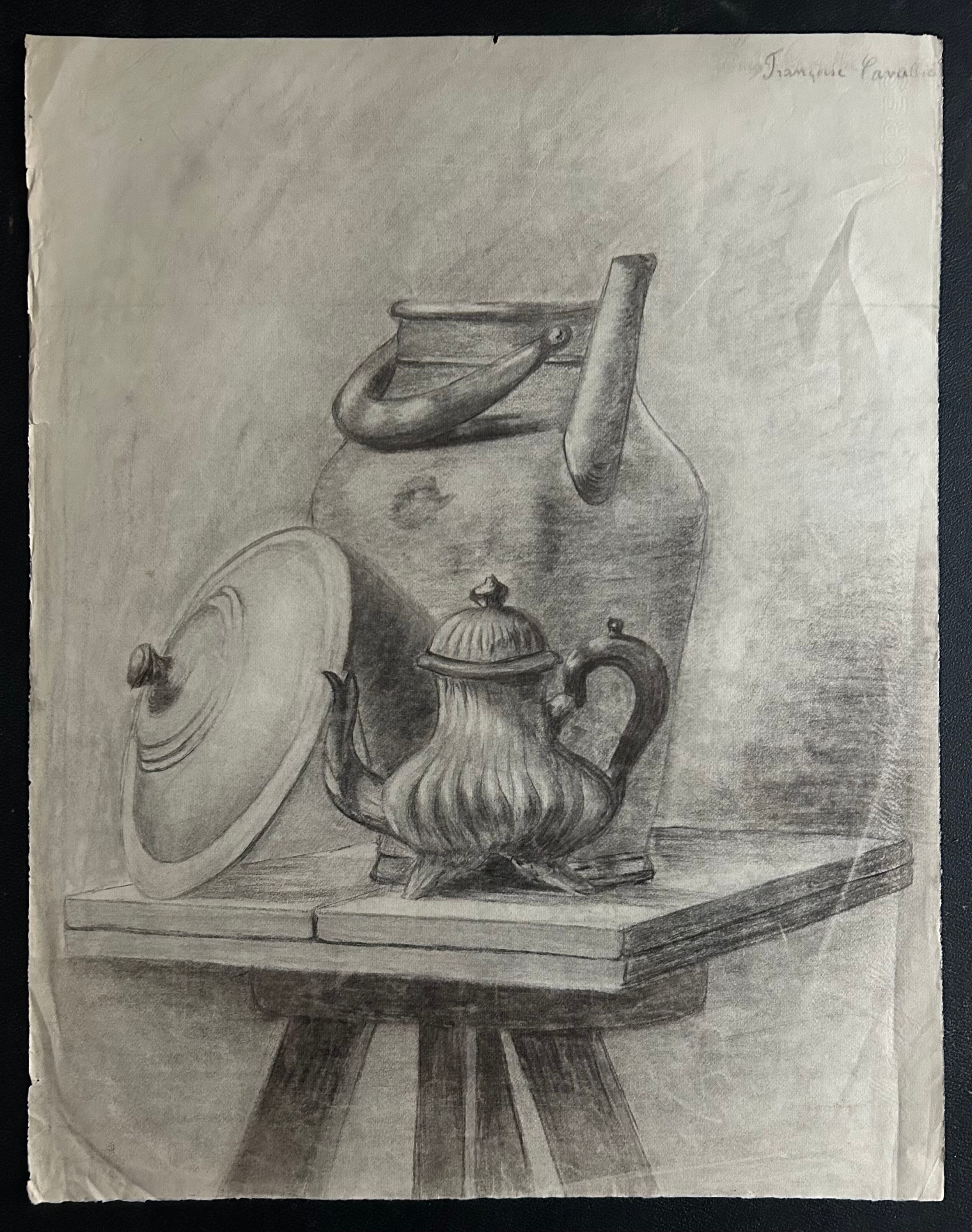 1930s French Charcoal Drawing on Paper. Still Life With Jug and