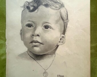 Dessin Original XVIIIe Siècle - Portrait Enfant Au Crayon Fusain, Costume Fraise, Art Ancien