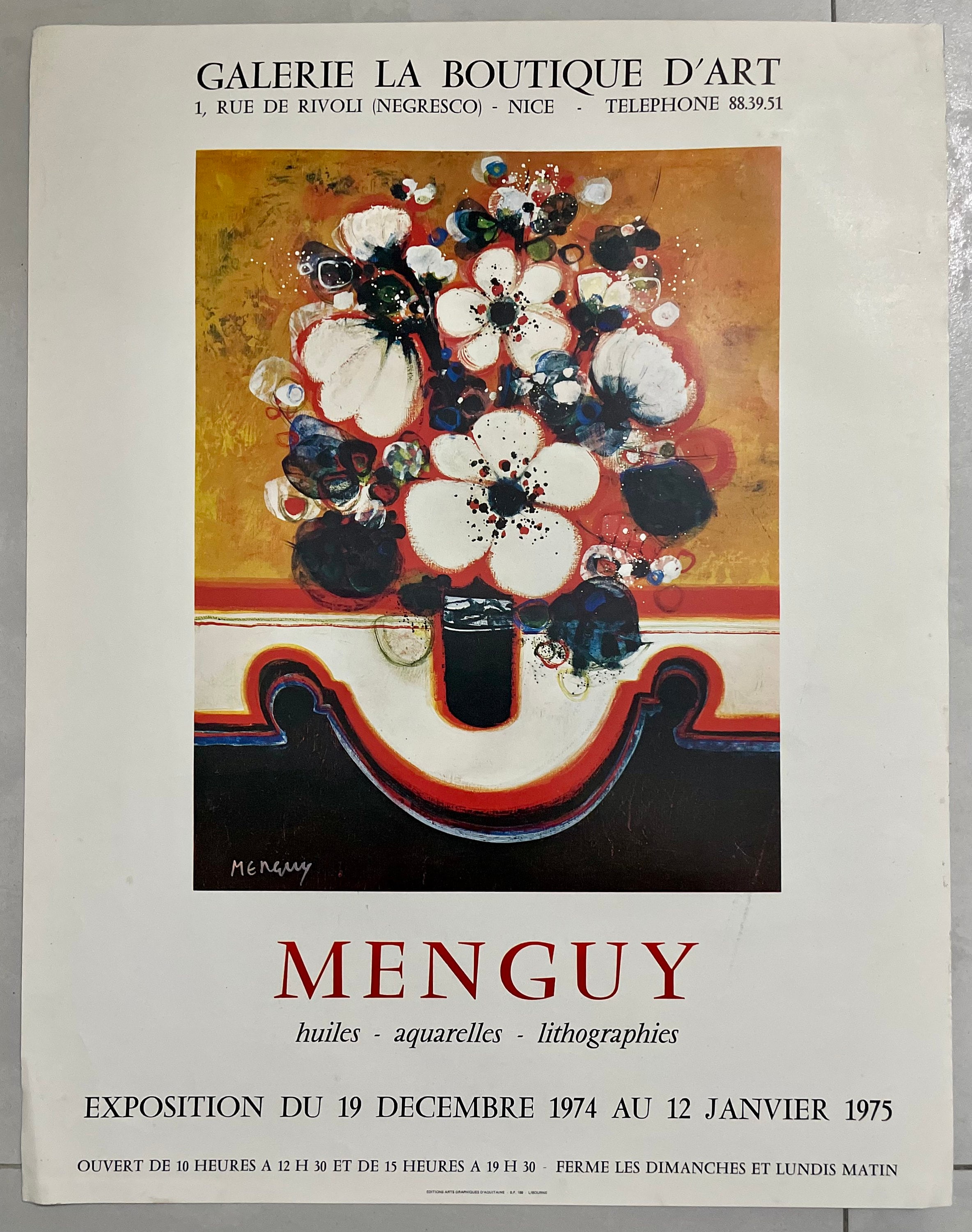 1970s French Vintage Art Gallery Exhibition Poster. Artist Menguy
