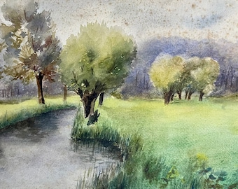 1960s French Vintage watercolor painting on paper. Canal in France
