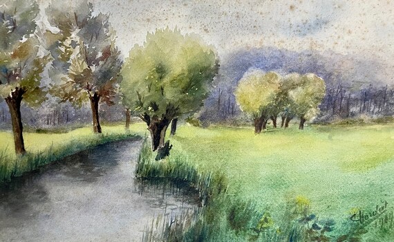 1960s French Vintage Watercolor Painting on Paper. Canal in France