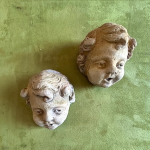 1700s French Gothic Two Grotesque Stone Sculptures Antique Church Architectural Fragments Medieval Gargoyle Cherubims heads Wall Art Decor.