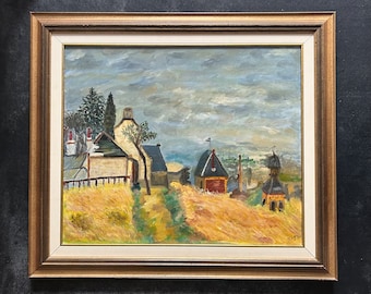 1990s French Vintage oil painting on canvas. Village view in France. Postimpressionism art.