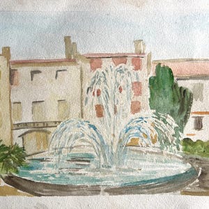 1990s French Vintage watercolor painting on paper. Village place with fountain in Provence. Southern France.