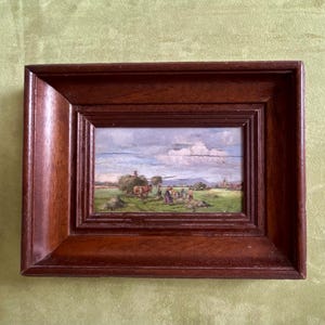 Pintura al óleo impresionista francesa de la década de 1910 sobre tabla Caballos campesinos trabajando en los campos Francia Almiares Decoración de pared de cabaña Vida en la granja