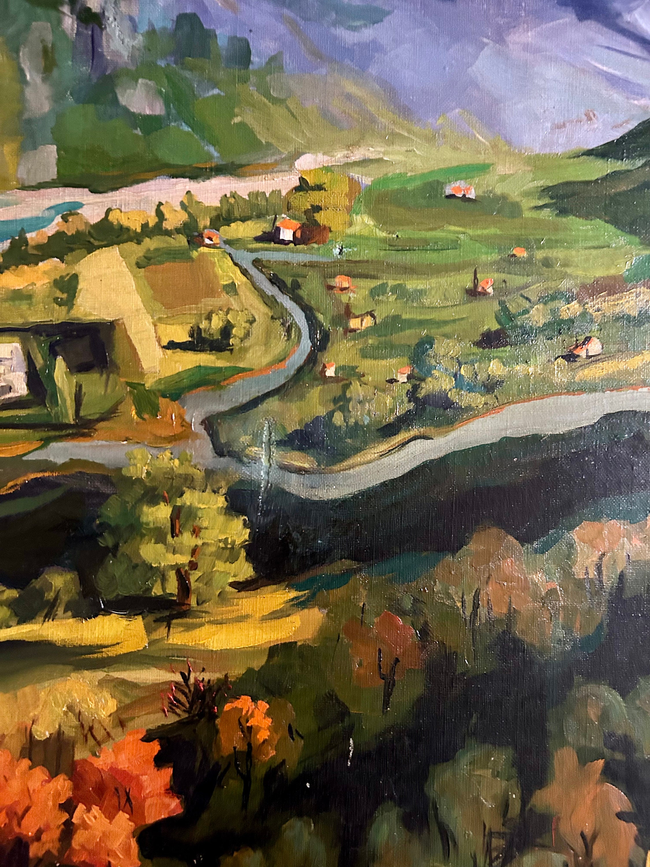★フランス　プロヴァンス地方　アンティーク油絵画　【田舎町の風景】 1930 年代のフランスの油絵、プロヴァンスの村の風景、L Mercier