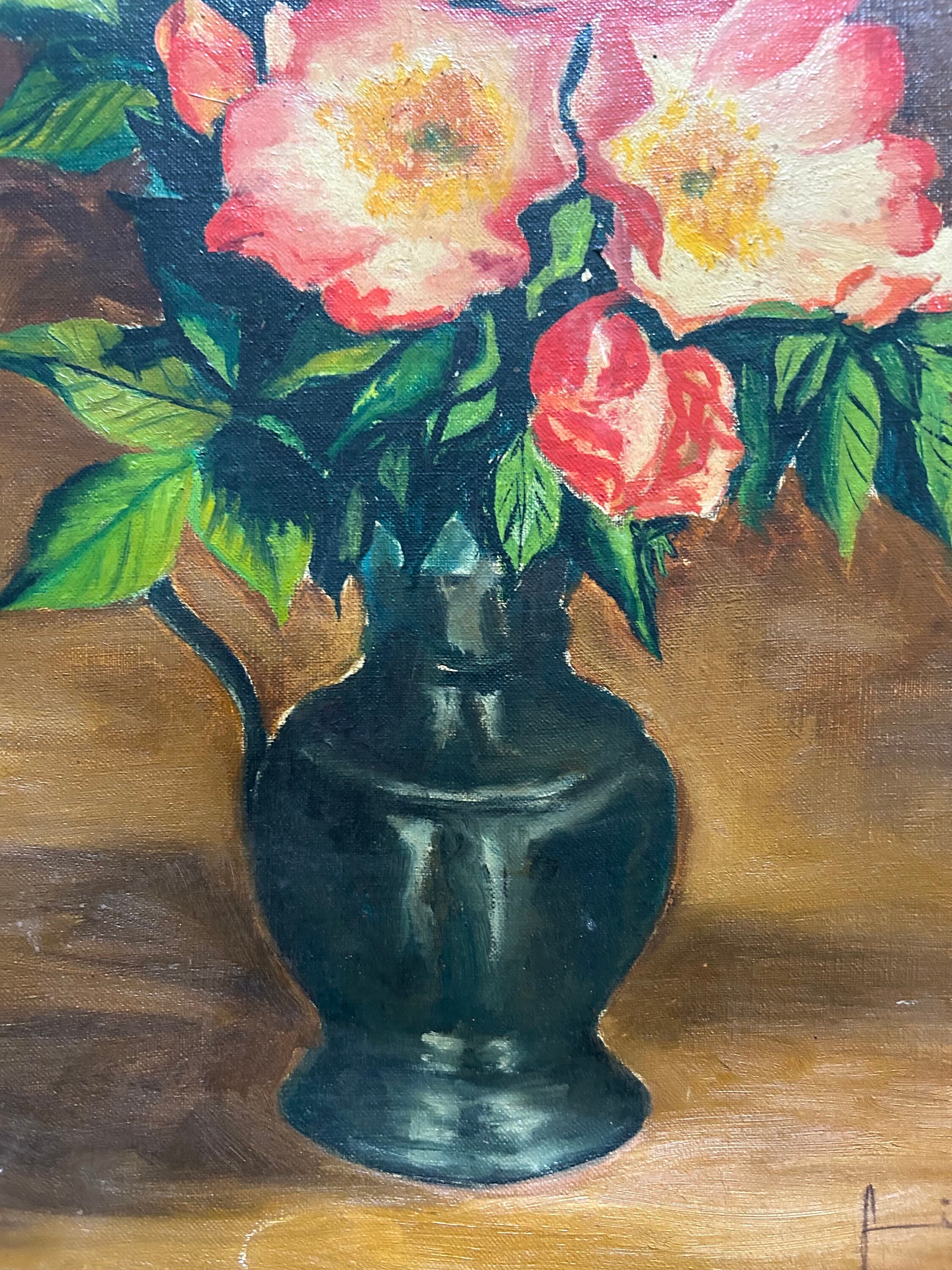 Buy 1970s French Vintage Oil Painting on Canvas. Vase With Orange