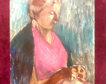 1950s French Vintage oil painting on canvas board.  Portrait of woman wearing a pink shirt sawing. Expressionism.
