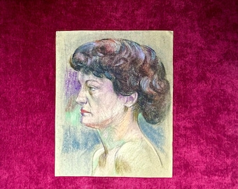 Portrait pastel français des années 1940 d'une Parisienne aux cheveux noirs et au rouge à lèvres rouge, coiffure rétro, art vintage ancien