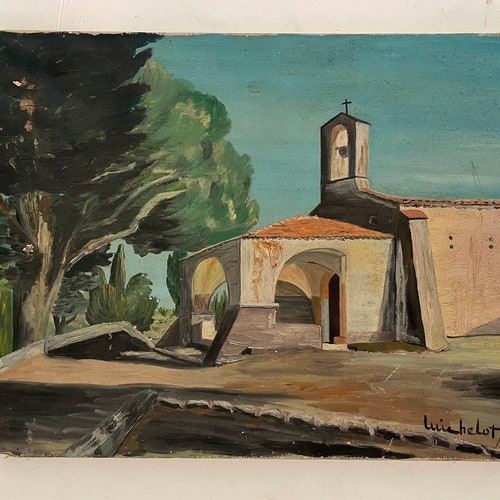 1940s French shops oil painting on canvas. Countryside Church in Provence. Southern France.