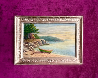 1930s French seascape - Mediterranean Fishing boat oil painting on wood - Riviera Coastal Marine art - Beach house decor. Seaside wall art.