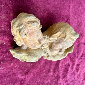 1700s French Gothic Grotesque Stone Sculpture Antique Church Architectural Fragment Medieval Gargoyle 2 Cherubim heads Wall Art Decor