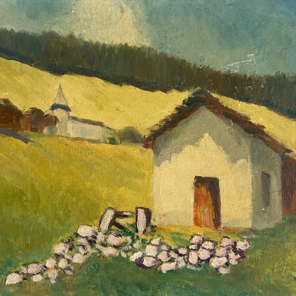 Peinture à l'huile sur panneau vintage française des années 1950. Montagnes du sud de la France. Village et chalet.