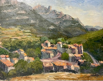 1960s French Listed Artist Maurice Duclos (1900s)Vintage oil painting on wood with paper marouflage. Village in Southern French Alps.