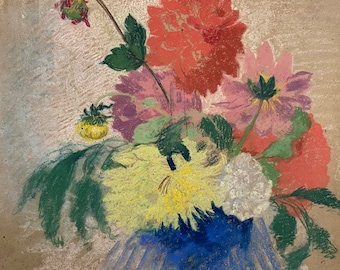 1920s French pastel painting on cardboard. Multicolored floral composition.