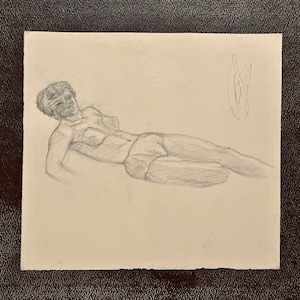 1940s French pencil drawing on paper. Reclining woman.