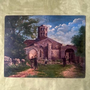 1930s French Large Oil Painting on Wood. Countryside church in Provence France Landscape Cottage wall decor. Farmhouse style.
