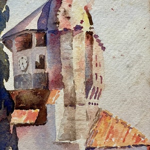 Dipinto ad acquerello francese su carta degli anni '20. Chiesa nel sud della Francia