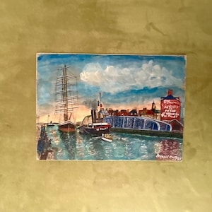 Pintura francesa gouache sobre cartón, década de 1910. Puerto de Dieppe, Normandía, Francia. Arte náutico naval. Decoración frente al mar. Estilo costero.