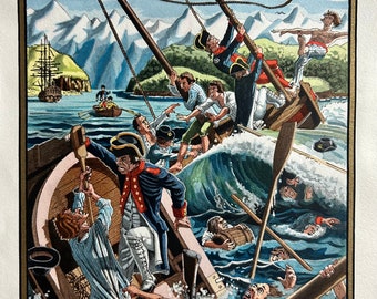 1960s French gouache original illustration. Shipwreck of the Galleon.