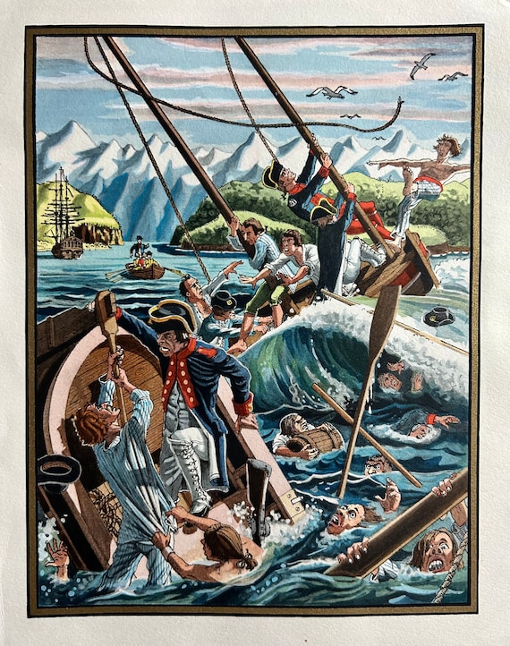 1960年代のフランスのグアッシュ画によるオリジナルイラスト。ガレオン