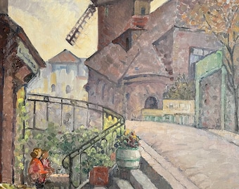1940s French oil painting on canvas. The windmill of Montmartre. Paris.