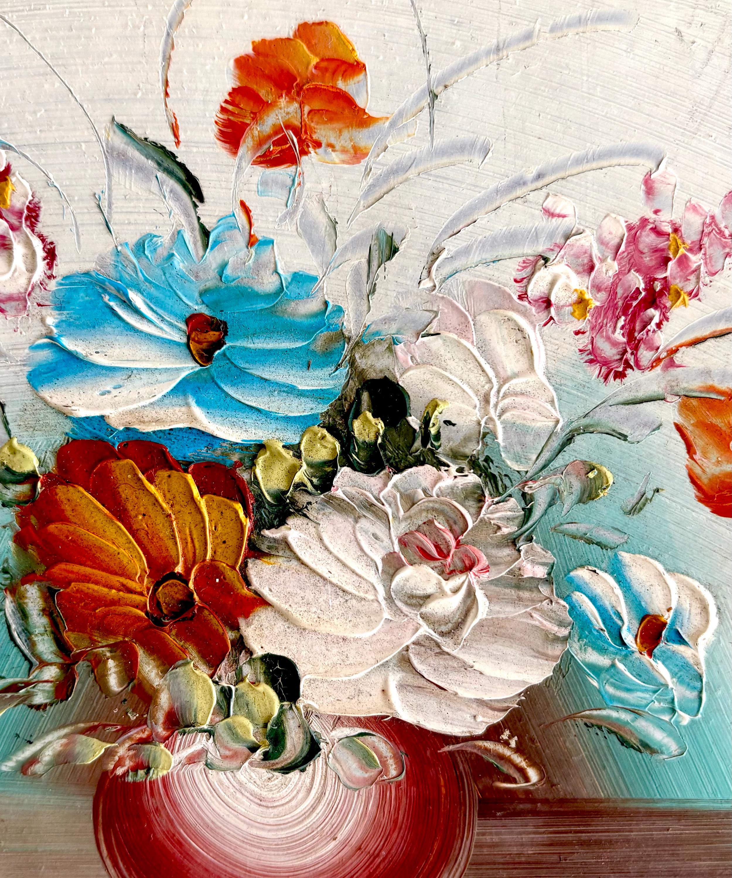 1940 年代のフランスの油絵。ミックスフラワーの入った花瓶。花の