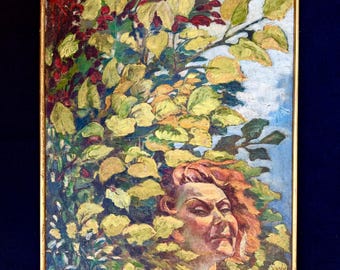 1960s French Latvian Artist Mila Cirul Original Self-Portrait Oil Painting, c. 1950s–1960s, Signed Latvian Artist, Foliage Portrait, Framed