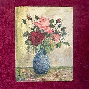 Pintura a óleo francesa Shabby chic dos anos 1910 sobre painel. Rosas vermelhas e rosas. Arte floral. Flores. Decoração de chalé. Estilo de decoração de parede decorativa
