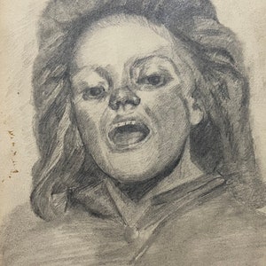 1850s French Graphite drawing on paper. Stamped Vente Corot. Great Master Camille Corot ( 1796 - 1875) possible study of screaming woman.