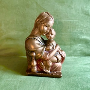1800s French heavy plaster sculpture statue of the Virgin Mary and Child. From antique Chapel in France. Religious art. Christian catholic.